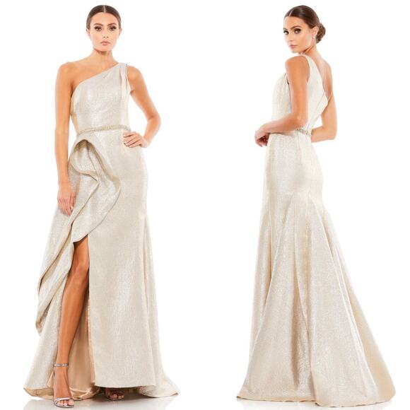 Mac Duggal One Shoulder Metallic Ruffled Evening Gown In Oyster 66975 Size 8 New - Picture 1 of 16